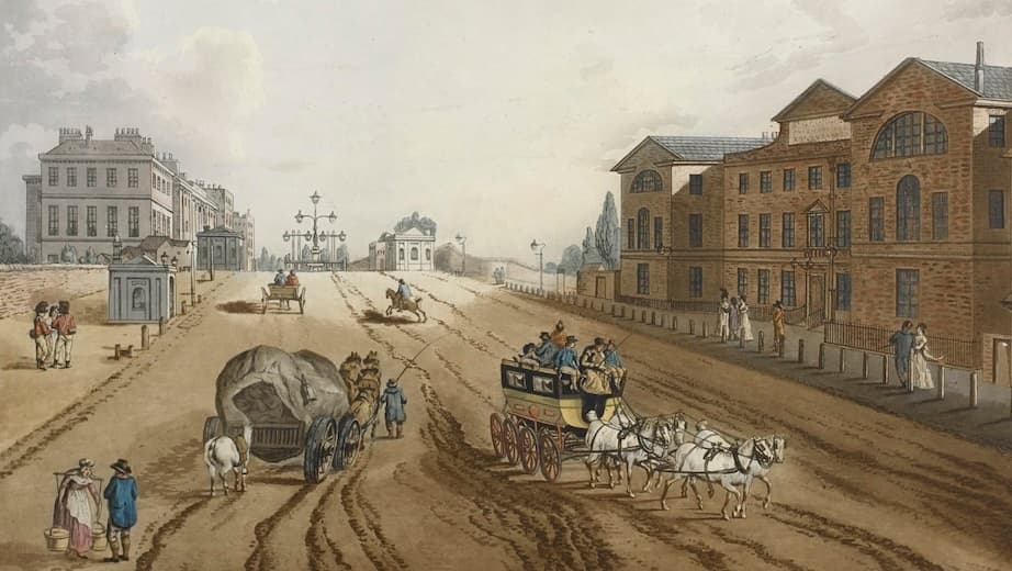 View of London street scene with horse-drawn carriages on a dirt road.