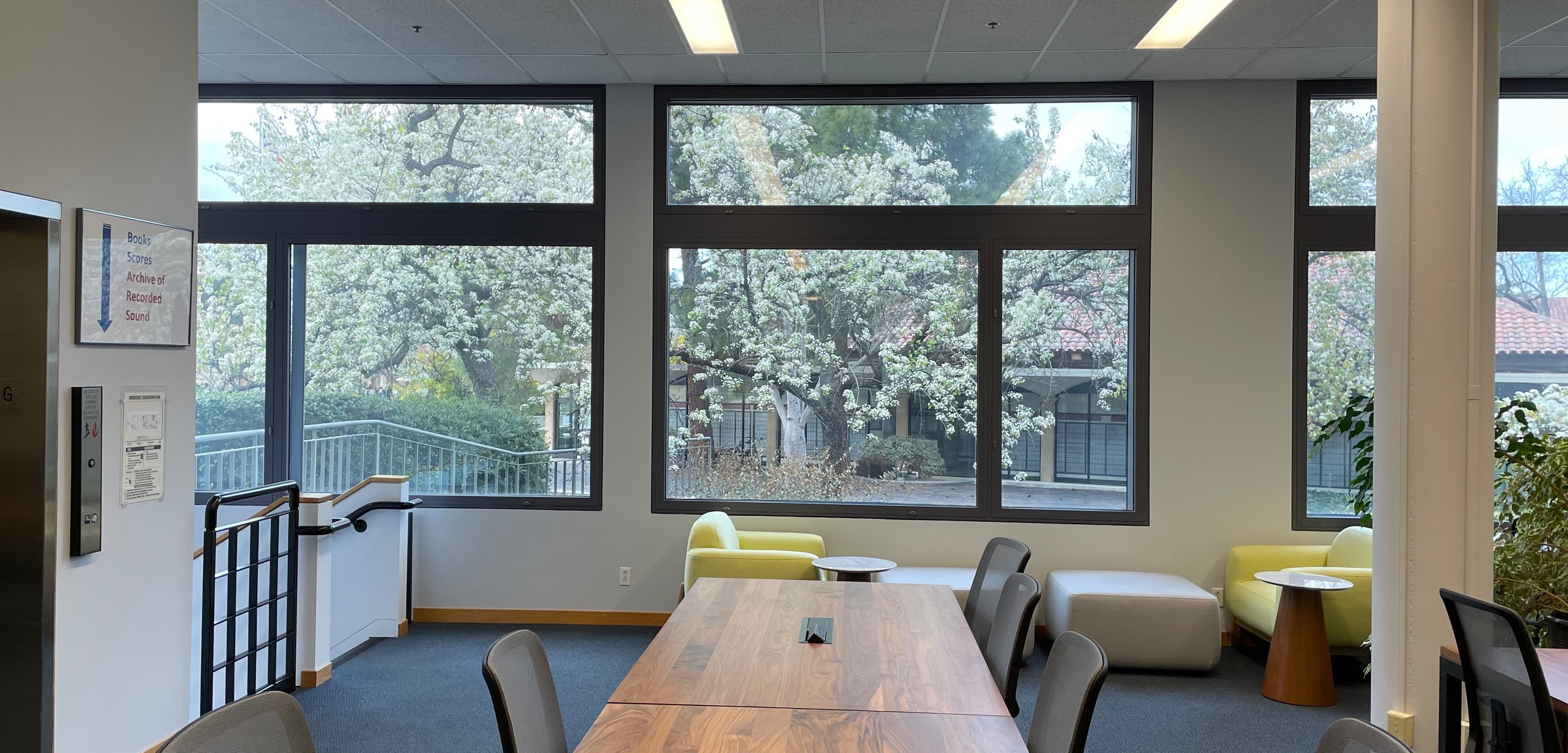 Music library reading room and view out the window